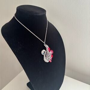 Silver Swan Pendant Necklace with Red Crystal Accents